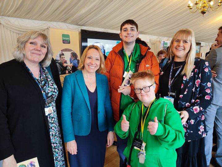 Derwen College Principal Meryl Green, North Shropshire MP Helen Morgan, students Bryon and AJ and Director of Learning and Curriculum Development Zoe Wood.